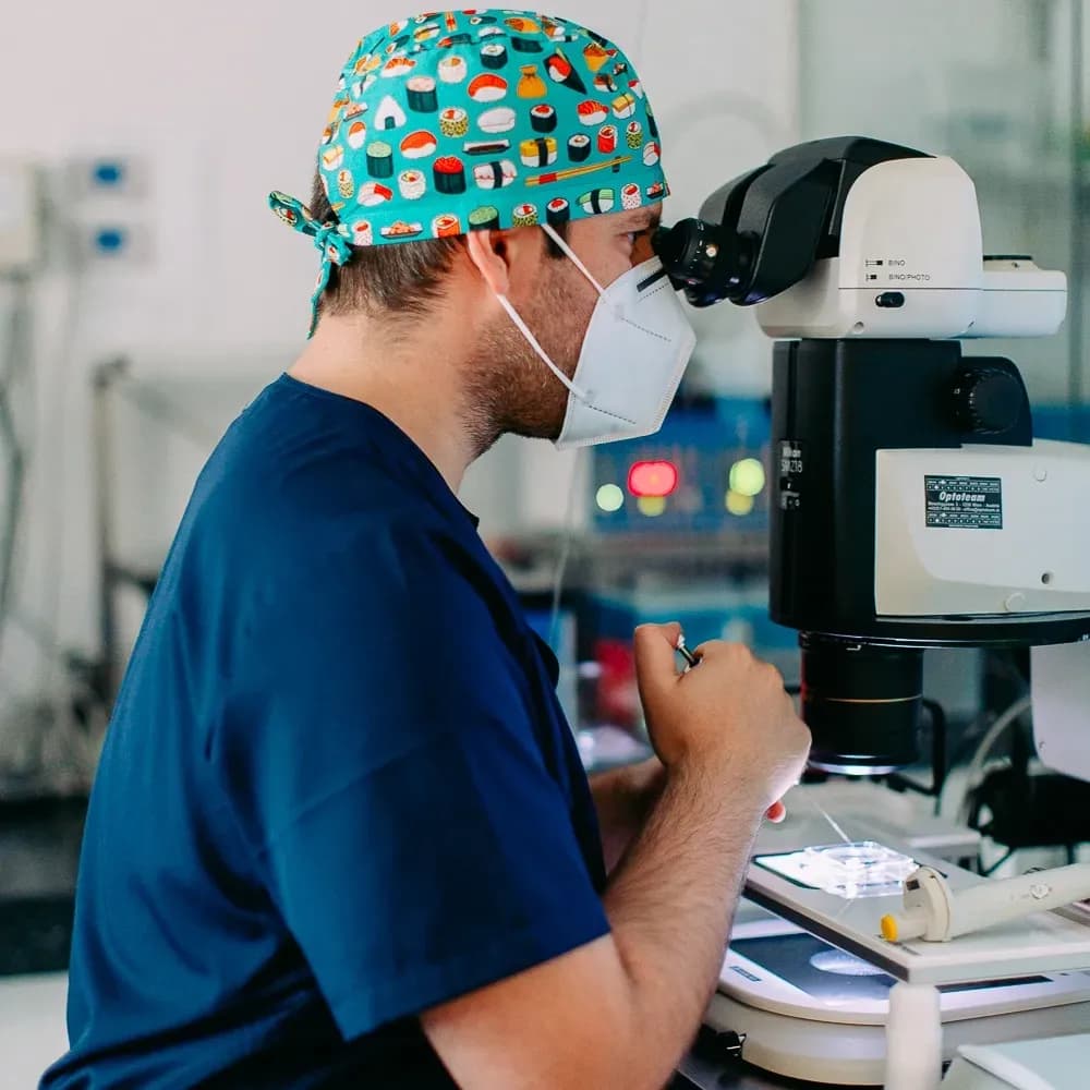 An embryologist is assessing an embryo under a microscope